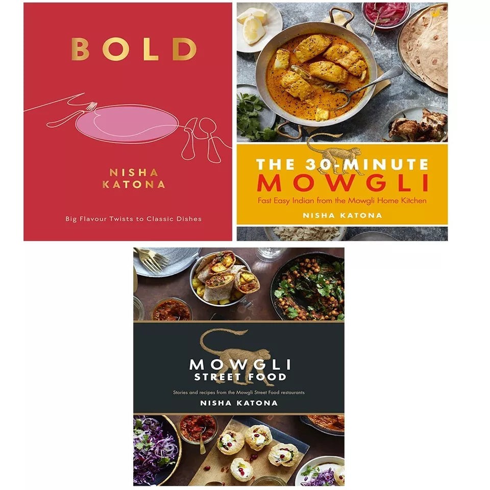 Three book covers featuring vibrant colors: "BOLD" in red with utensils, "The 30-Minute Mowgli" in yellow with a curry dish, and "Mowgli Street Food" in dark blue with various dishes.