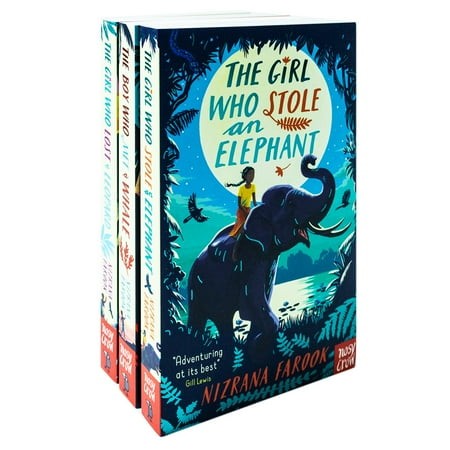 Three colorful book covers featuring vibrant illustrations: "The Girl Who Stole an Elephant," "The Boy Who Met a Whale," and "The Girl Who Lost a Leopard," all by Nizrana Farook.