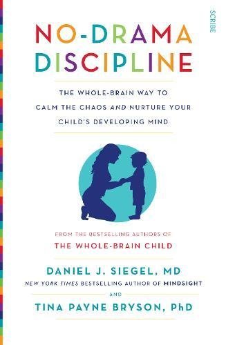 A colorful book cover featuring the title "No-Drama Discipline" in bold letters, with a white background and pastel stripes on the sides, authored by Daniel J. Siegel and Tina Payne Bryson.