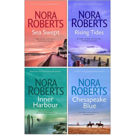 Four book covers from Nora Roberts' Chesapeake Bay Series, featuring vibrant colors: pink, blue, and orange, with titles prominently displayed and coastal imagery in the background.