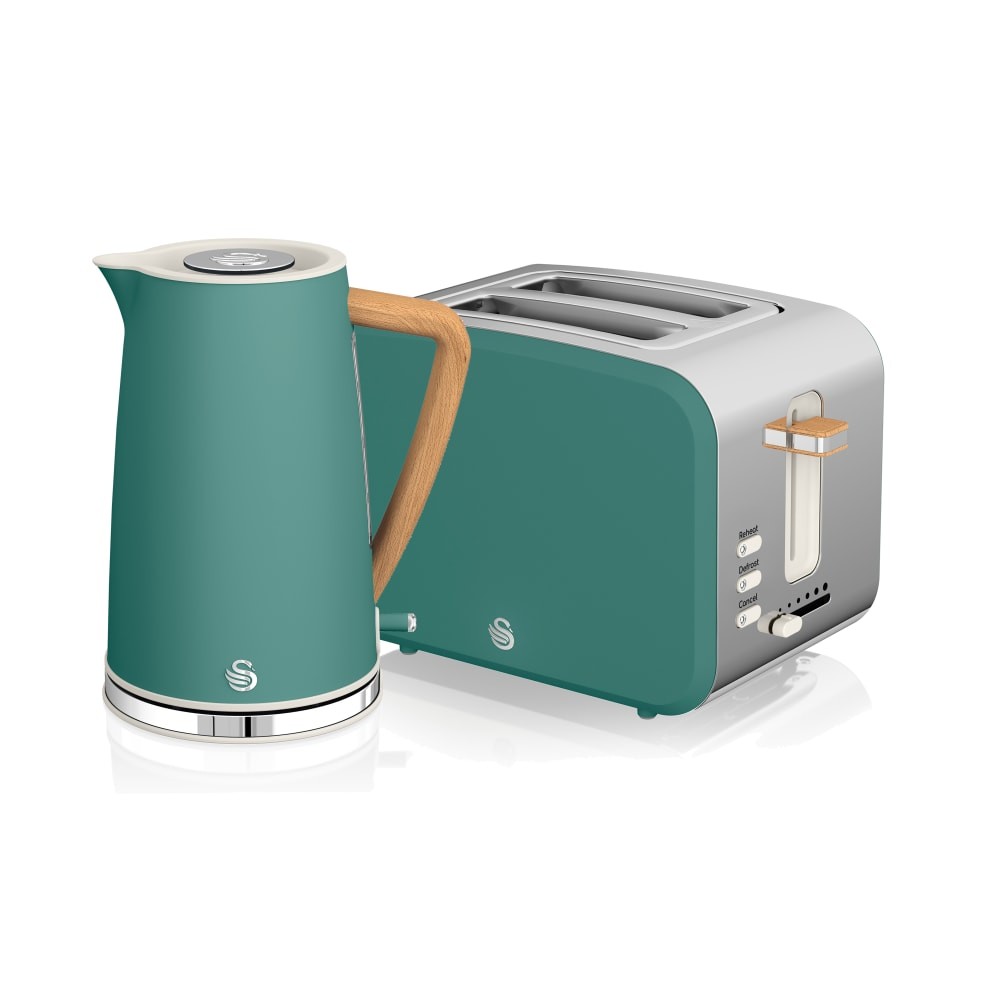 Teal Nordic 2-slice toaster with a silver front and a matching cordless kettle featuring a wooden handle and a sleek design, both by Swan.