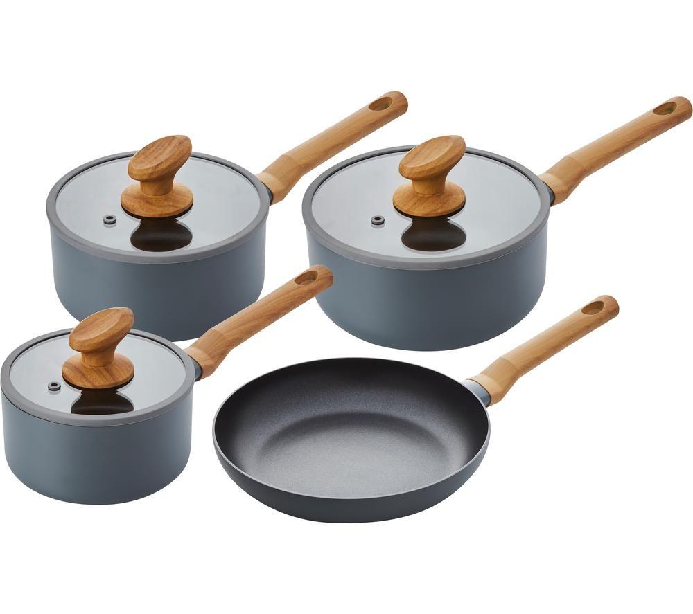 Four-piece cookware set in grey with wooden handles, featuring two saucepans with glass lids and a frying pan, all made from durable materials.