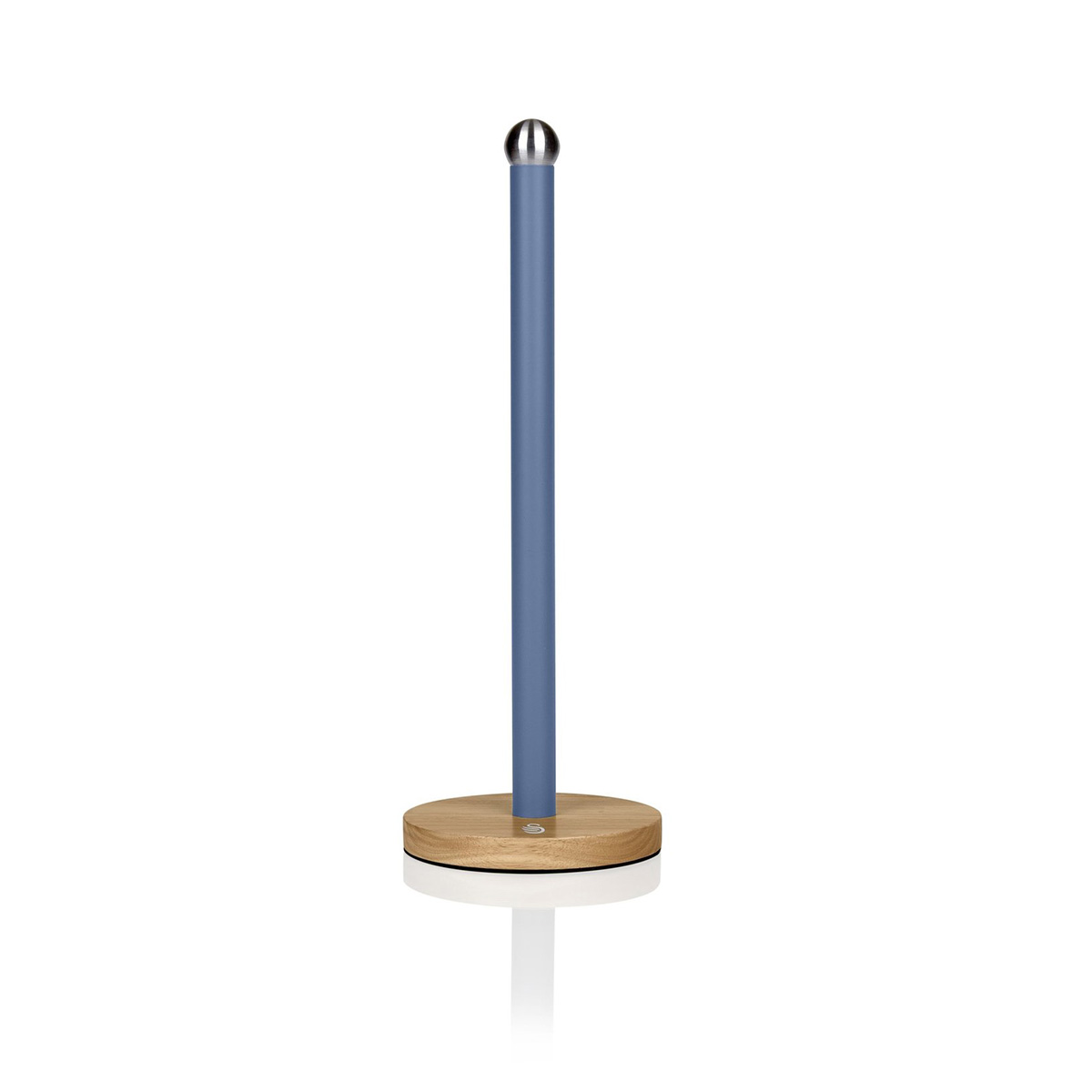 Nordic towel pole features a sleek blue metal rod with a stainless steel top, mounted on a round bamboo base for a modern, stylish look.