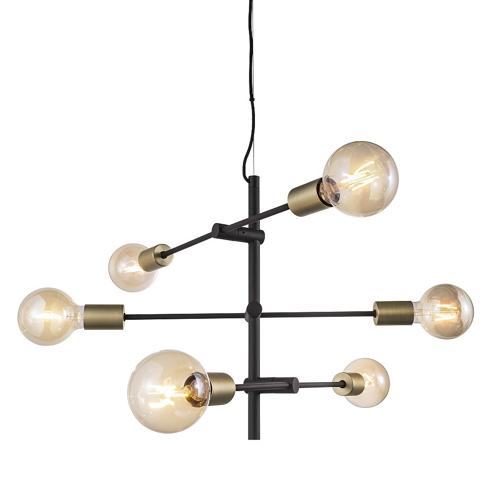 Modern chandelier "Josefine" by Nordlux features a black metal frame with six glass bulbs, accented by brass fittings, creating a stylish industrial look.