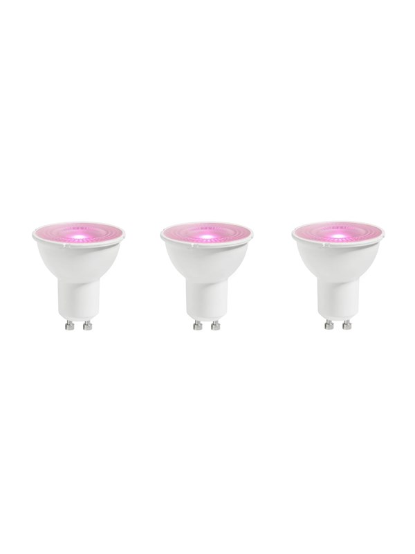 Clear GU10 indoor light bulbs by Nordlux, featuring a sleek design with a white base and vibrant pink LED light at the top, ideal for modern lighting solutions.