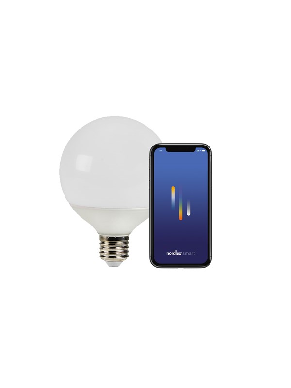 Frosted E27 light bulb with a smooth, round shape beside a smartphone displaying the Nordlux Smart app interface.