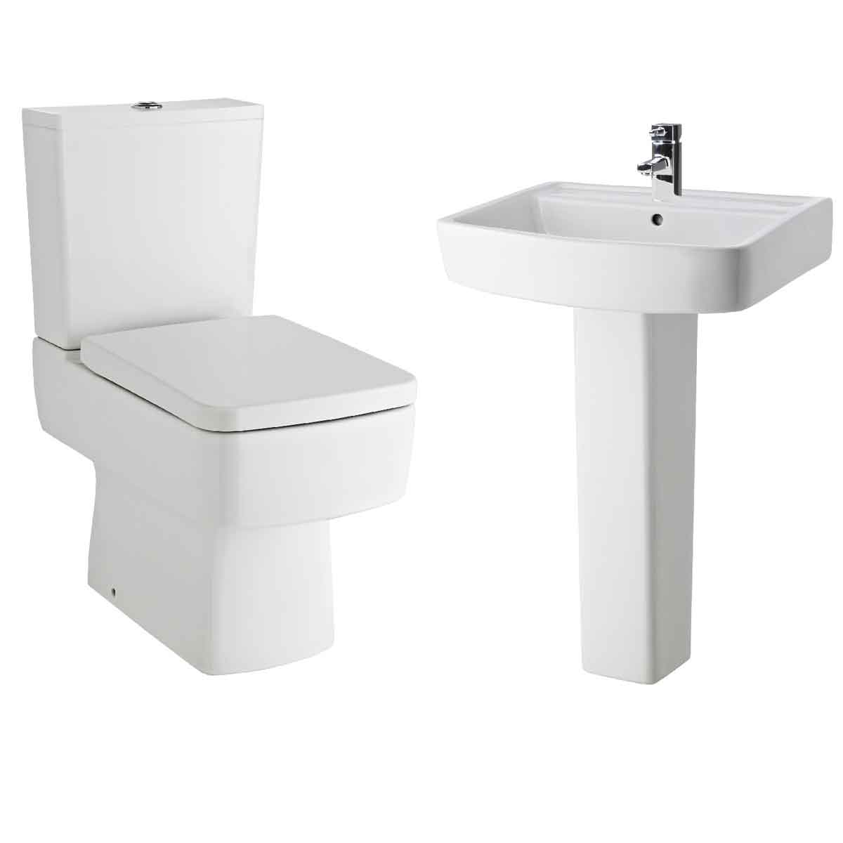 White ceramic toilet with a sleek design and a matching 600mm pedestal basin featuring a square shape and single chrome tap hole.