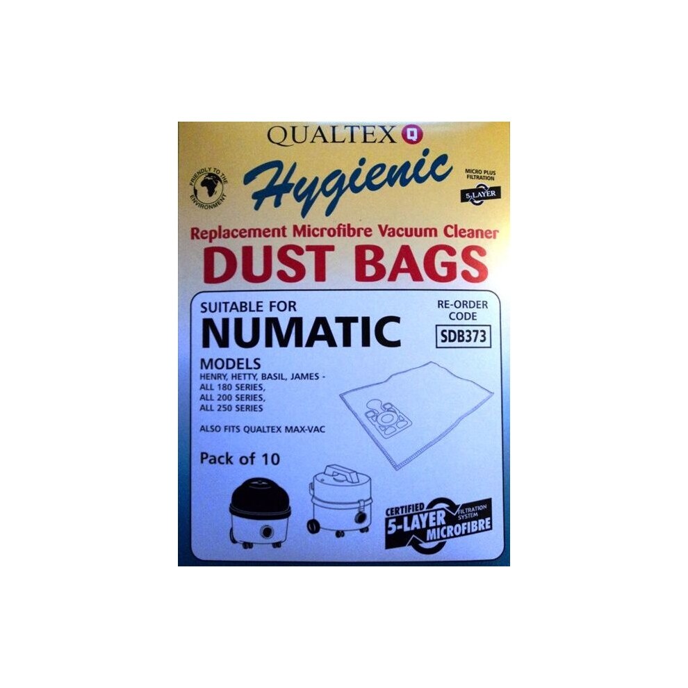 Pack of 10 Numatic Henry AS200 microfibre vacuum cleaner bags, featuring a yellow and white design with product details and compatibility information prominently displayed.