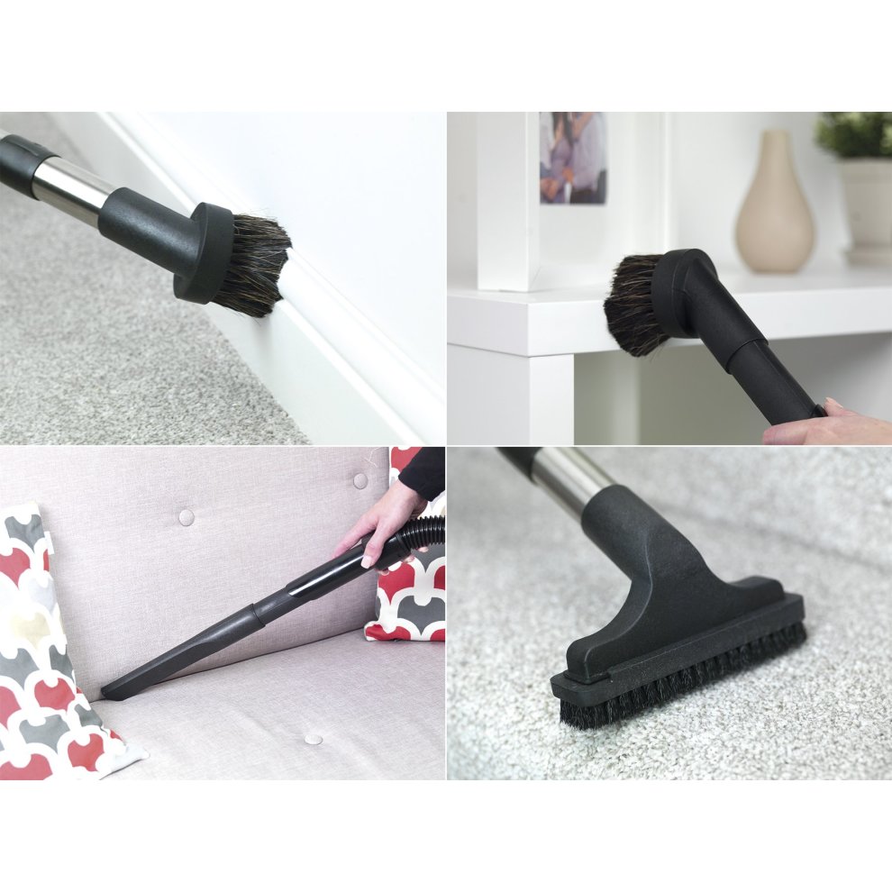 Yellow Numatic Henry HVR160 compact cylinder vacuum cleaner with various attachments, including a brush and crevice tool, designed for versatile cleaning on different surfaces.