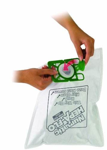 White HEPA filter bag with a green plastic attachment, featuring instructions for use, designed for Numatic vacuum models NVM 240/290, NVR 170H, and PPR240, shown being handled.