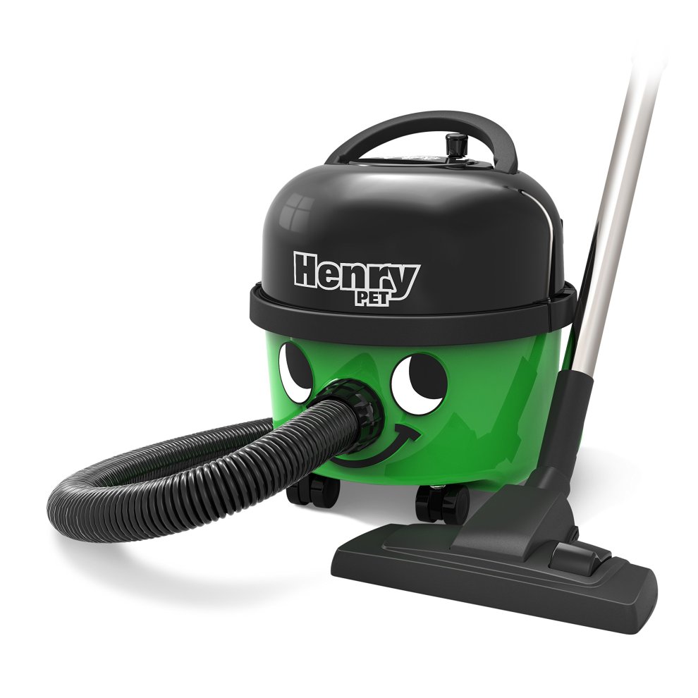Green Numatic 906766 Henry Pet Vacuum Cleaner with a black top, smiling face design, flexible hose, and a floor nozzle, ideal for pet hair removal.
