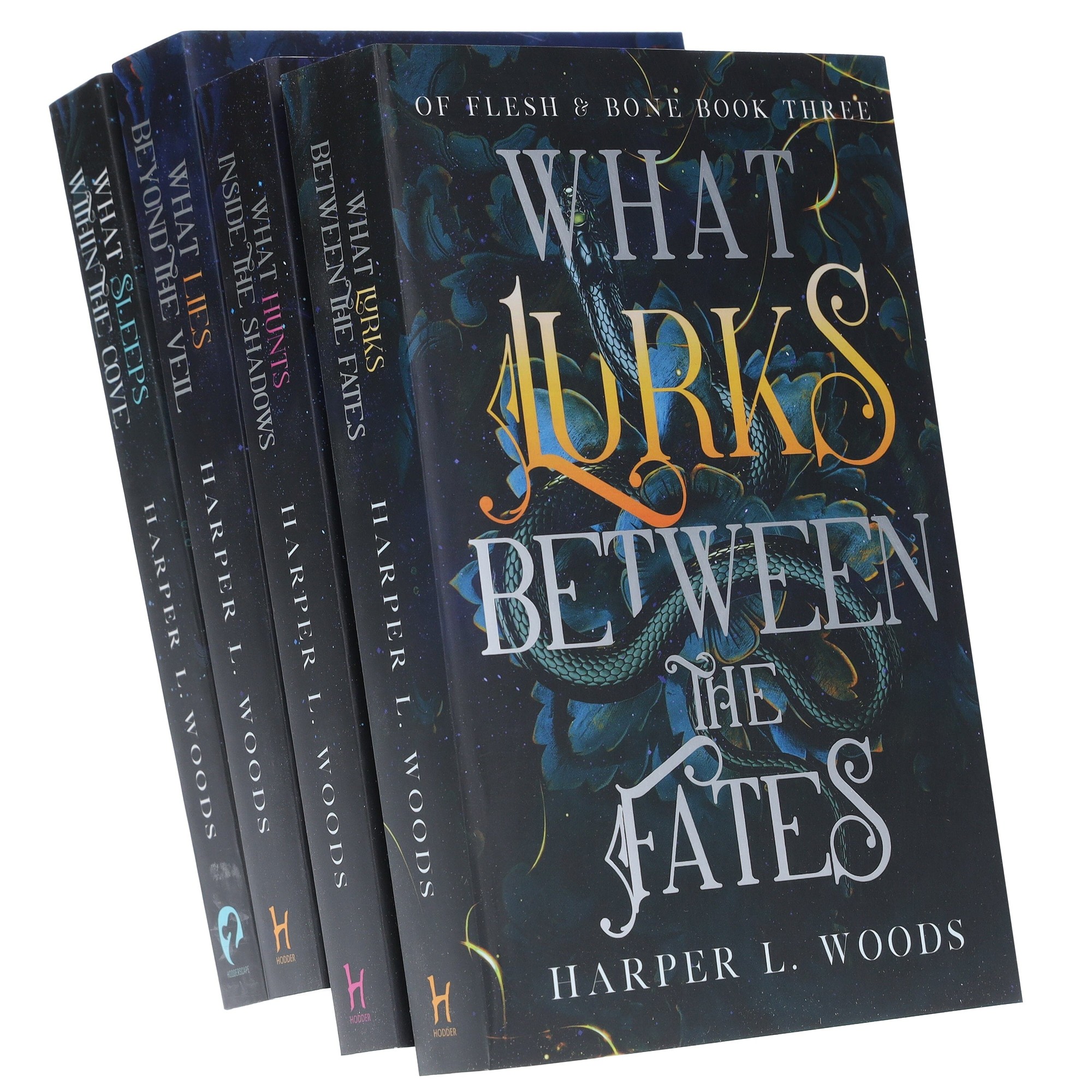 Four paperback books from the "Of Flesh and Bone" series by Harper L. Woods, featuring dark, mystical covers with intricate designs and vibrant titles in gold and teal.