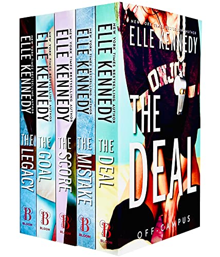 Five colorful paperback books from the "Off-Campus Series" by Elle Kennedy, featuring titles like "The Deal" and "The Legacy," with vibrant covers and bold text.
