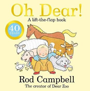 Bright yellow cover featuring a child in overalls surrounded by farm animals, including a cow, sheep, and dog, with the title "Oh Dear!" and "40 Years" badge.