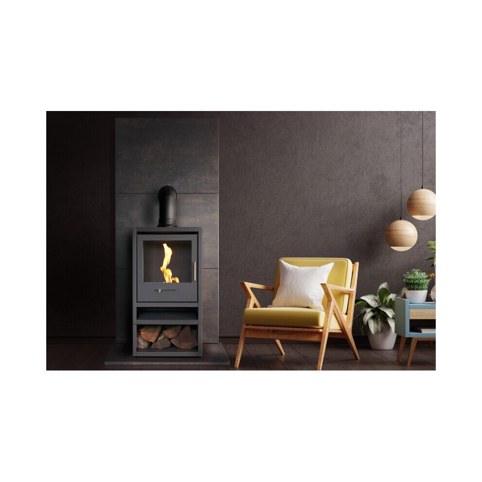 OKO S1 Charcoal Grey Bio Ethanol Stove with Log Storage and Angled Stove Pipe - image 5