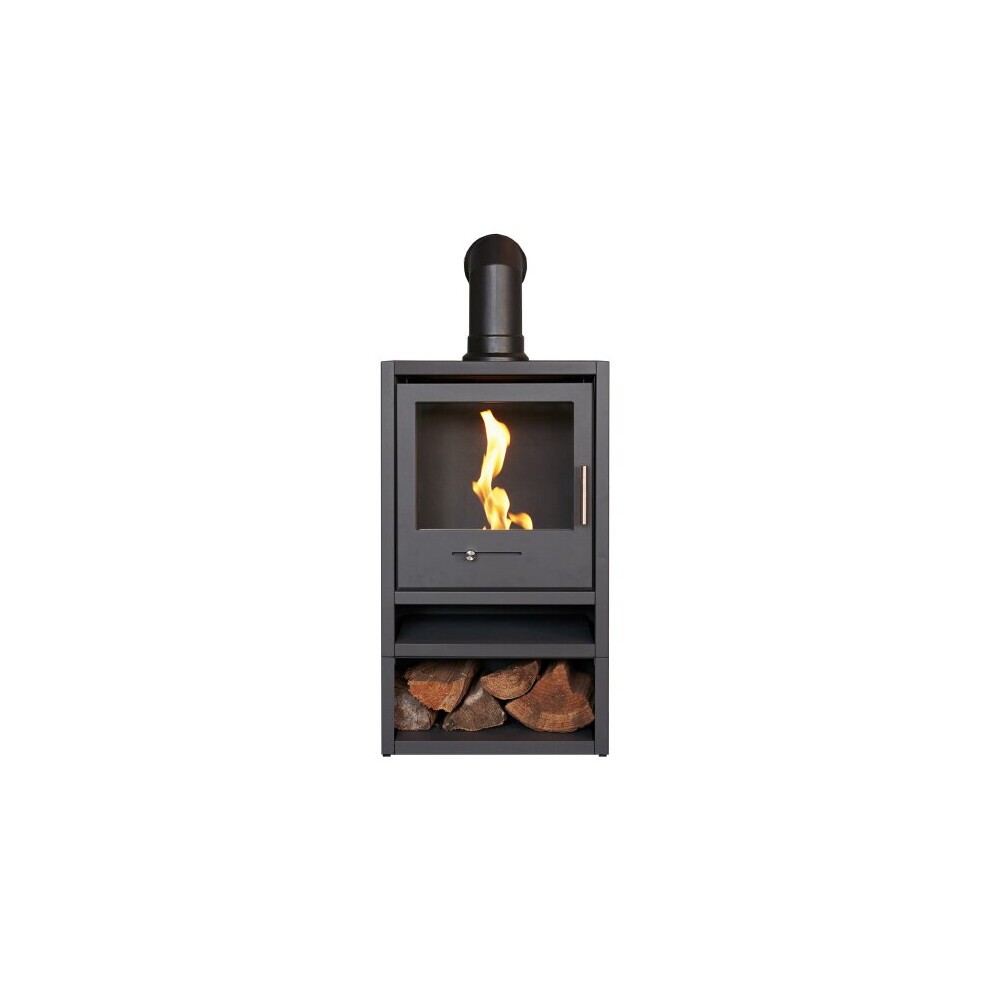 S1 Bio Ethanol Stove in charcoal grey features a sleek design with a glass front, angled black stove pipe, and a log storage compartment at the base.