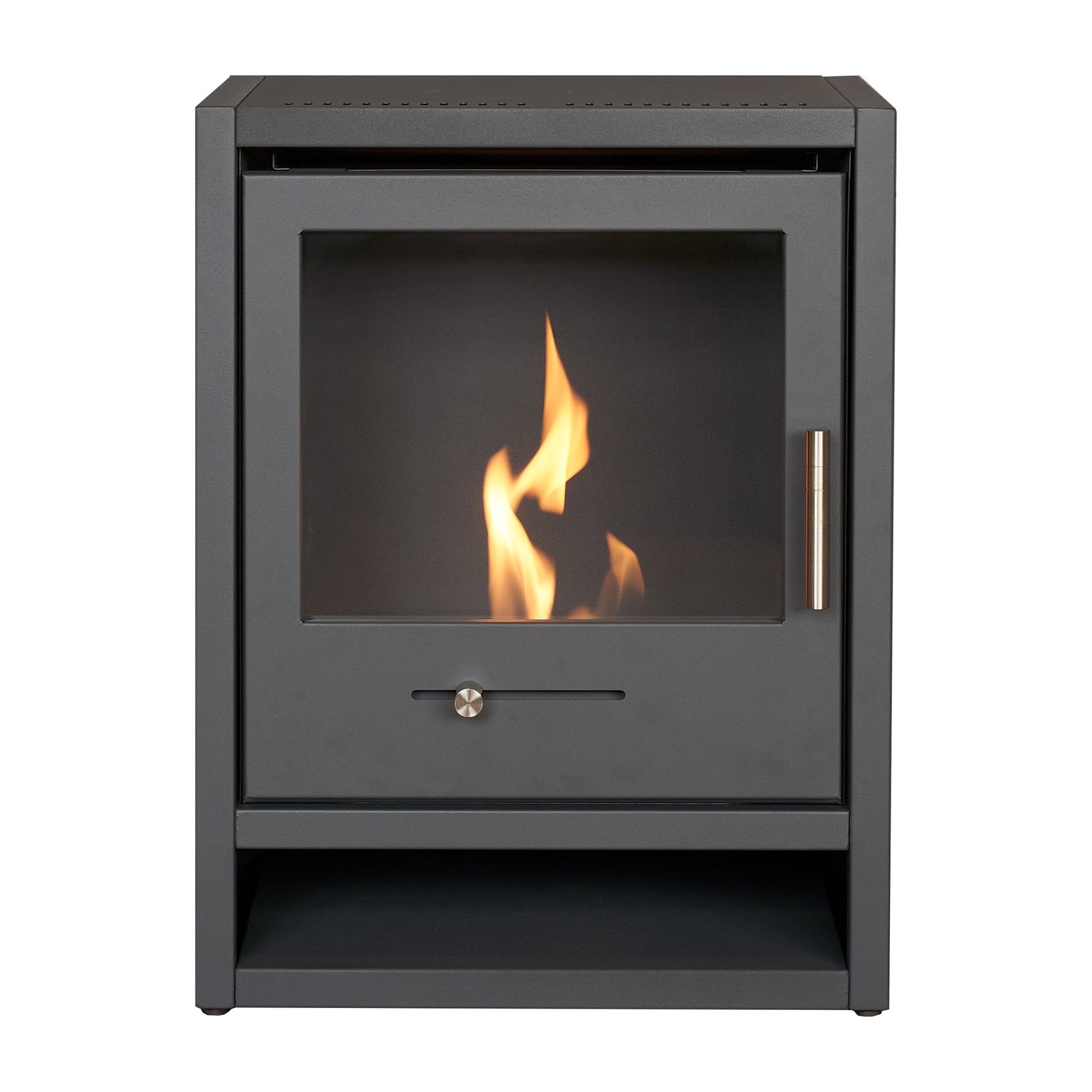Charcoal grey S1 Bio Ethanol Stove by OKO features a sleek design with a glass front, visible flames inside, a metallic handle, and a lower shelf for storage.