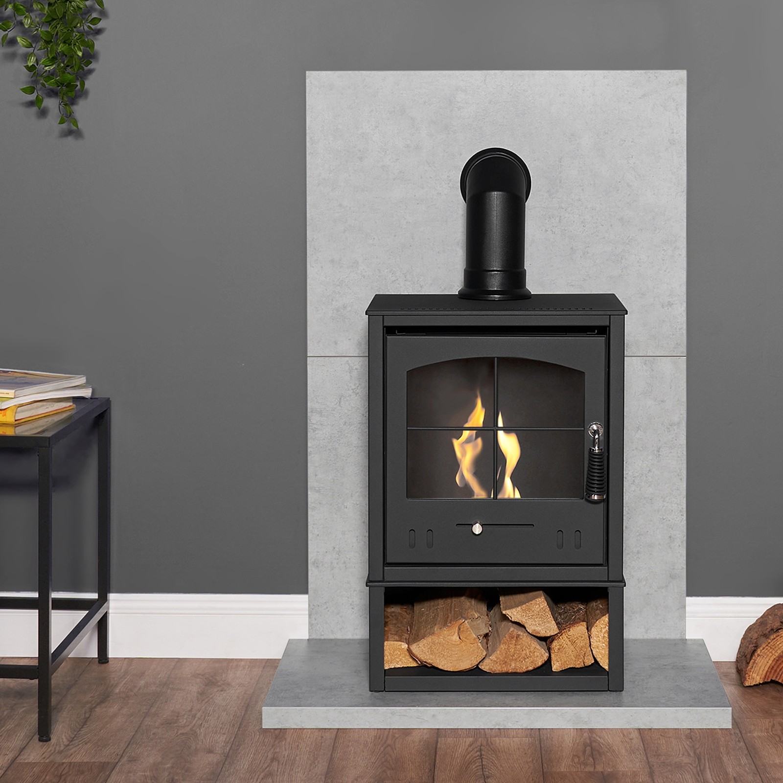 OKO S2 Charcoal Grey Bio Ethanol Stove with Log Storage and Angled Stove Pipe - image 2