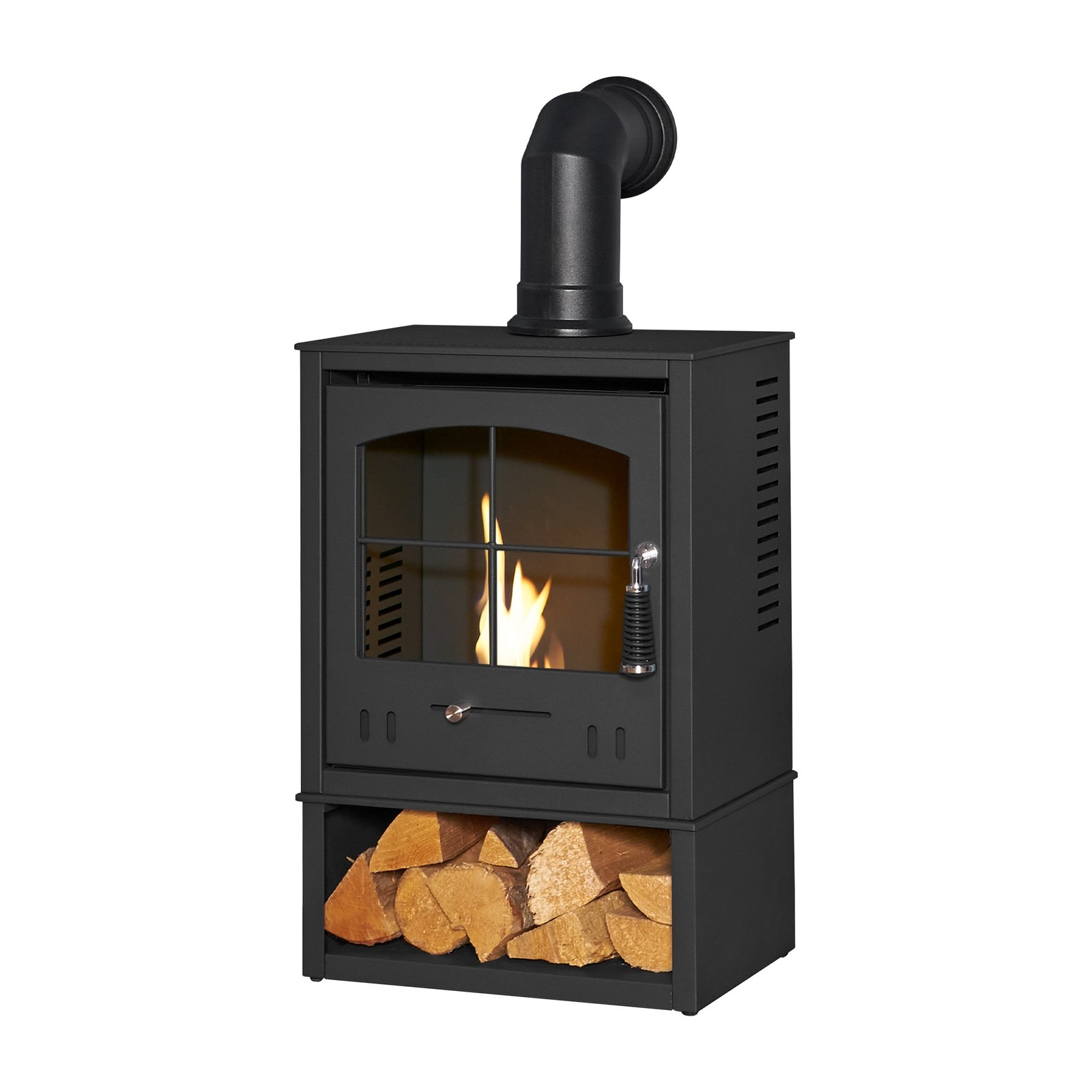 OKO S2 Charcoal Grey Bio Ethanol Stove with Log Storage and Angled Stove Pipe - image 3