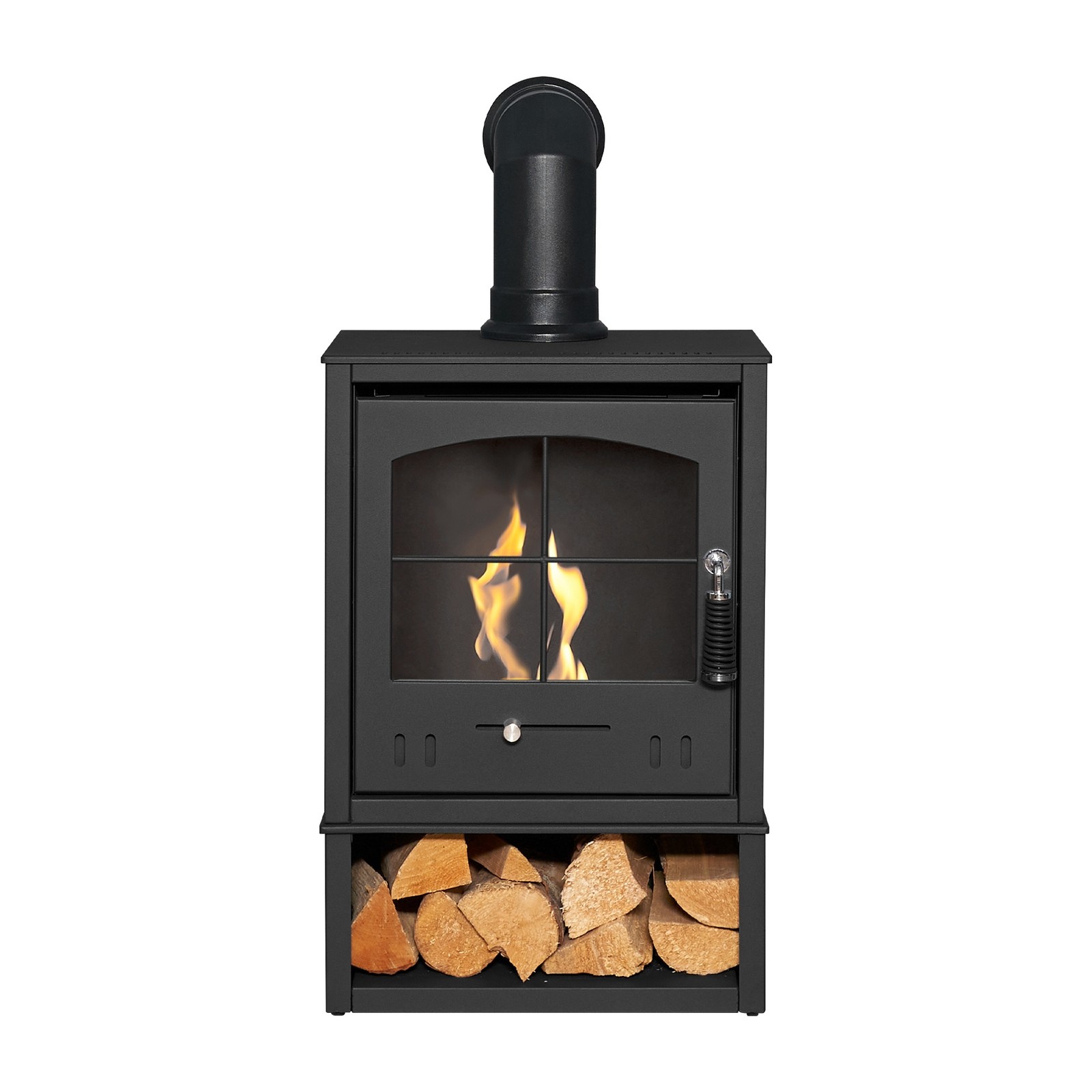 Charcoal grey bio ethanol stove featuring a log storage compartment, angled stove pipe, and a glass front displaying flames, all in a sleek, modern design.
