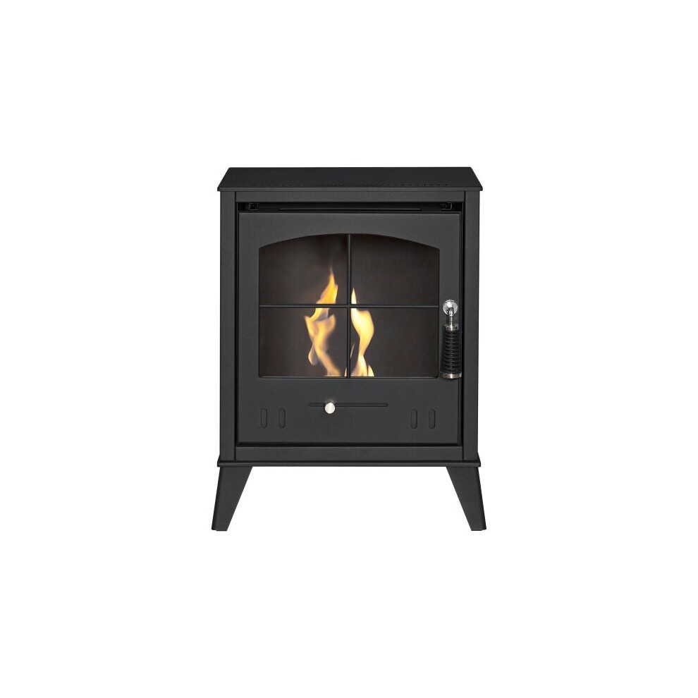 Charcoal grey S2 Bio Ethanol Stove by OKO features a sleek design with a glass front, visible flames, and a stylish handle, perfect for modern living spaces.