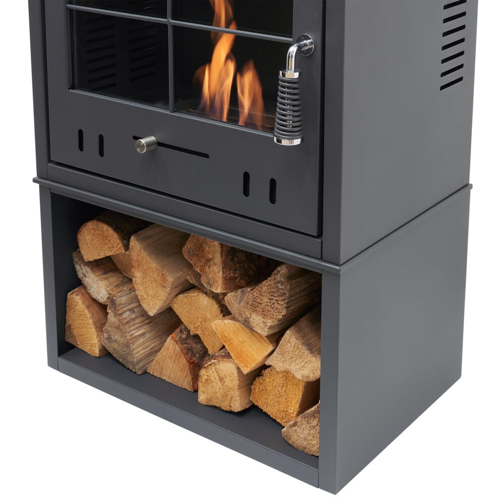 OKO S4 Charcoal Grey Bio Ethanol Stove with Log Storage and Tall Angled Stove Pipe - image 2
