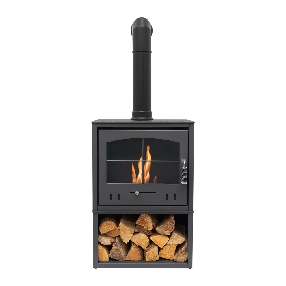 OKO S4 Charcoal Grey Bio Ethanol Stove with Log Storage and Tall Angled Stove Pipe - image 4