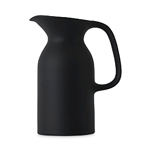 Matte black ceramic pitcher with a curved body and a wide spout, featuring a sturdy handle for easy pouring, designed for both style and functionality.