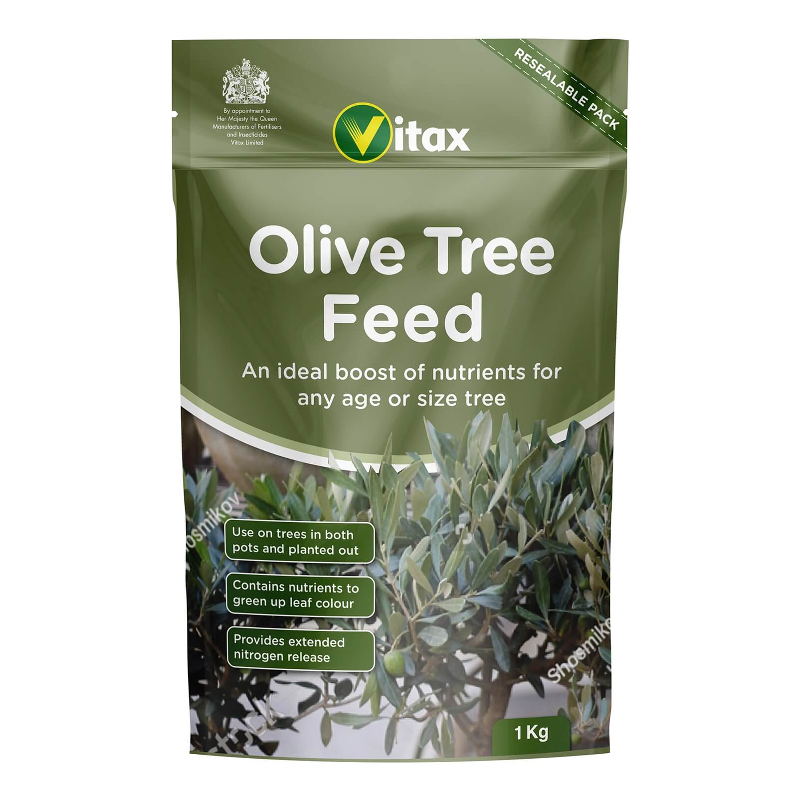 Green resealable pouch of Vitax Olive Tree Fertiliser, 0.9kg, featuring white text and a logo, with olive branches illustrated on the front.