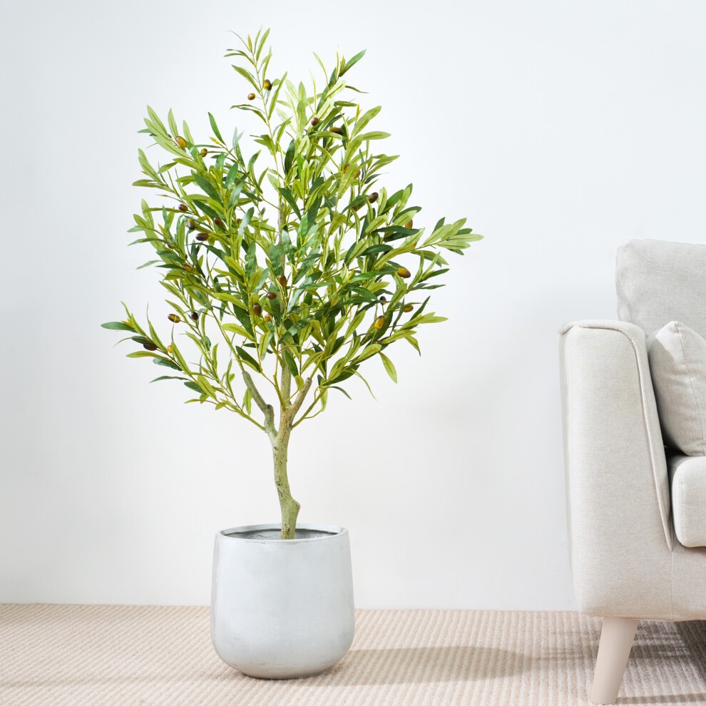 Artificial olive tree with lush green leaves and realistic details, set in a simple gray plastic planter pot, standing 100cm tall, perfect for indoor decor.