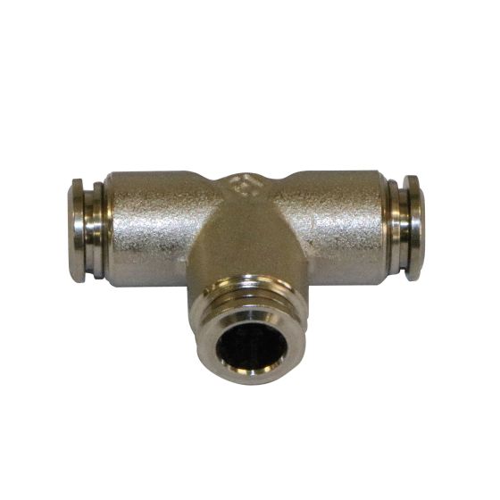 Gold-colored, metal 3-way push fit connector with a textured finish, featuring three openings for fire extinguisher tubing connections.