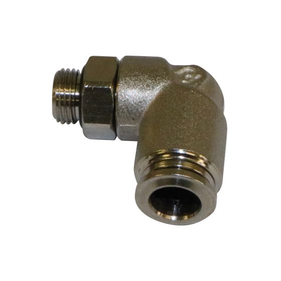 90-degree brass fire extinguisher nozzle connector featuring a threaded male end and a smooth female end, designed for secure attachment in fire safety systems.