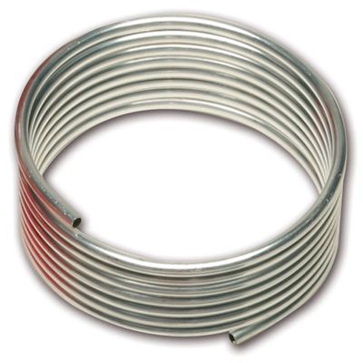 Silver aluminum tubing coiled in a circular shape, designed for use with fire extinguishers, showcasing a smooth, shiny finish and multiple loops.