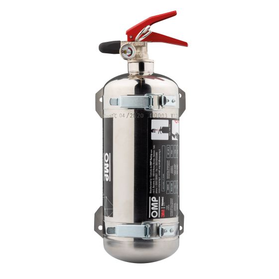 Silver metal fire extinguisher with a red handle, pressure gauge, and black labels; features a 2kg capacity and OMP branding.