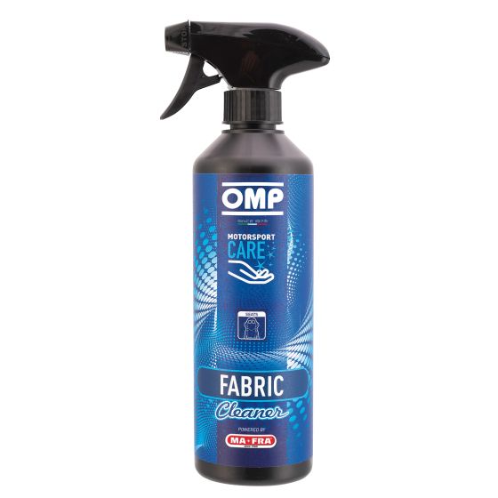 Blue spray bottle with a black trigger, labeled "OMP Motorsport Care Fabric Cleaner," featuring a sleek design and logo, ideal for cleaning fabric surfaces.
