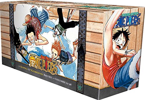 Colorful box set featuring volumes 24-46 of "One Piece," showcasing vibrant artwork of characters Luffy, Nami, and others, with a wooden crate design and the series title prominently displayed.