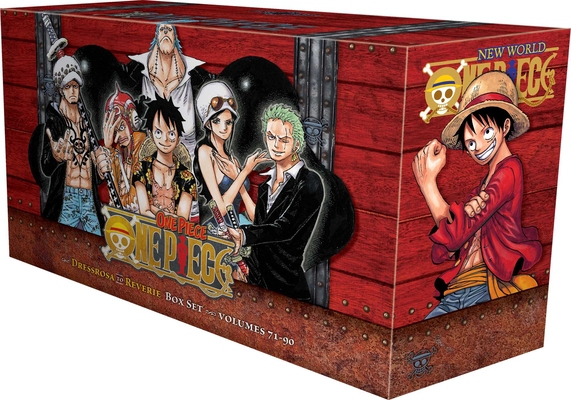 Colorful box set featuring characters from "One Piece," with a red wooden design, showcasing Luffy and crew, labeled "New World One Piece" and includes volumes 71-90.