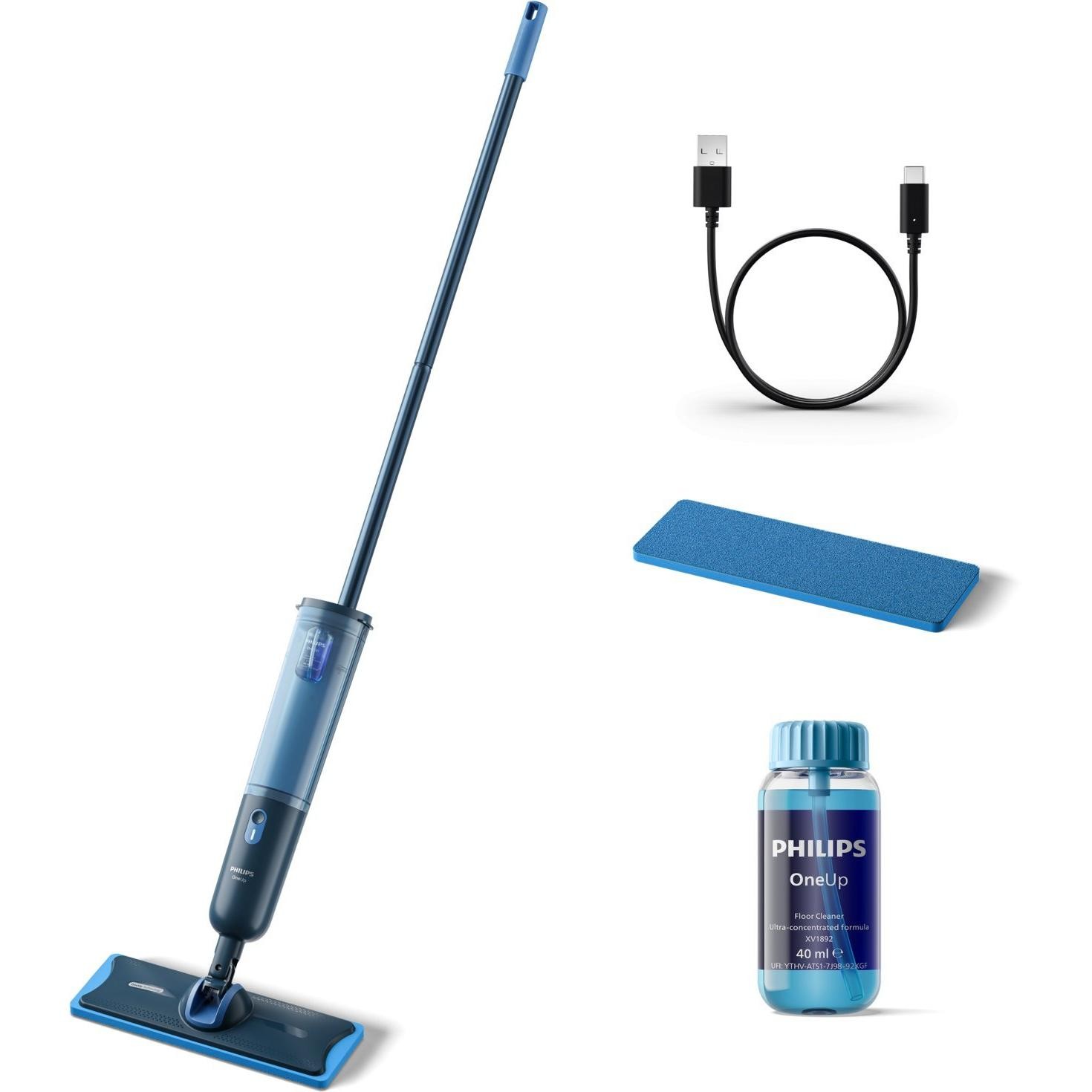Philips Oneup 3000 Series Electric Mop in blue, featuring a transparent water tank, a detachable mop pad, USB charging cable, and cleaning solution bottle.