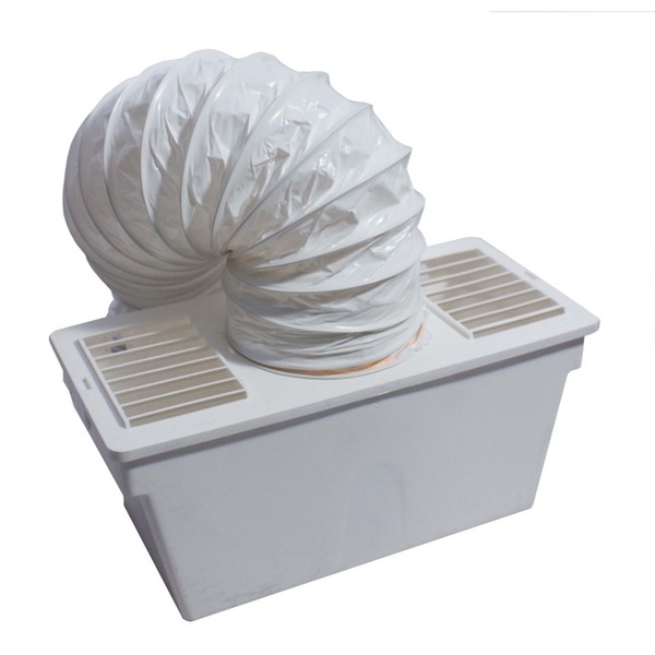 White plastic condenser kit with a flexible, coiled vent hose attached to a rectangular base featuring ventilation slats.