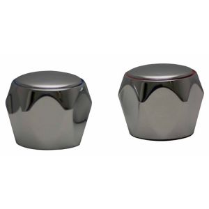 Two shiny silver tap handles with a sleek, modern design, featuring a faceted shape and smooth rounded tops, packaged together for easy installation.
