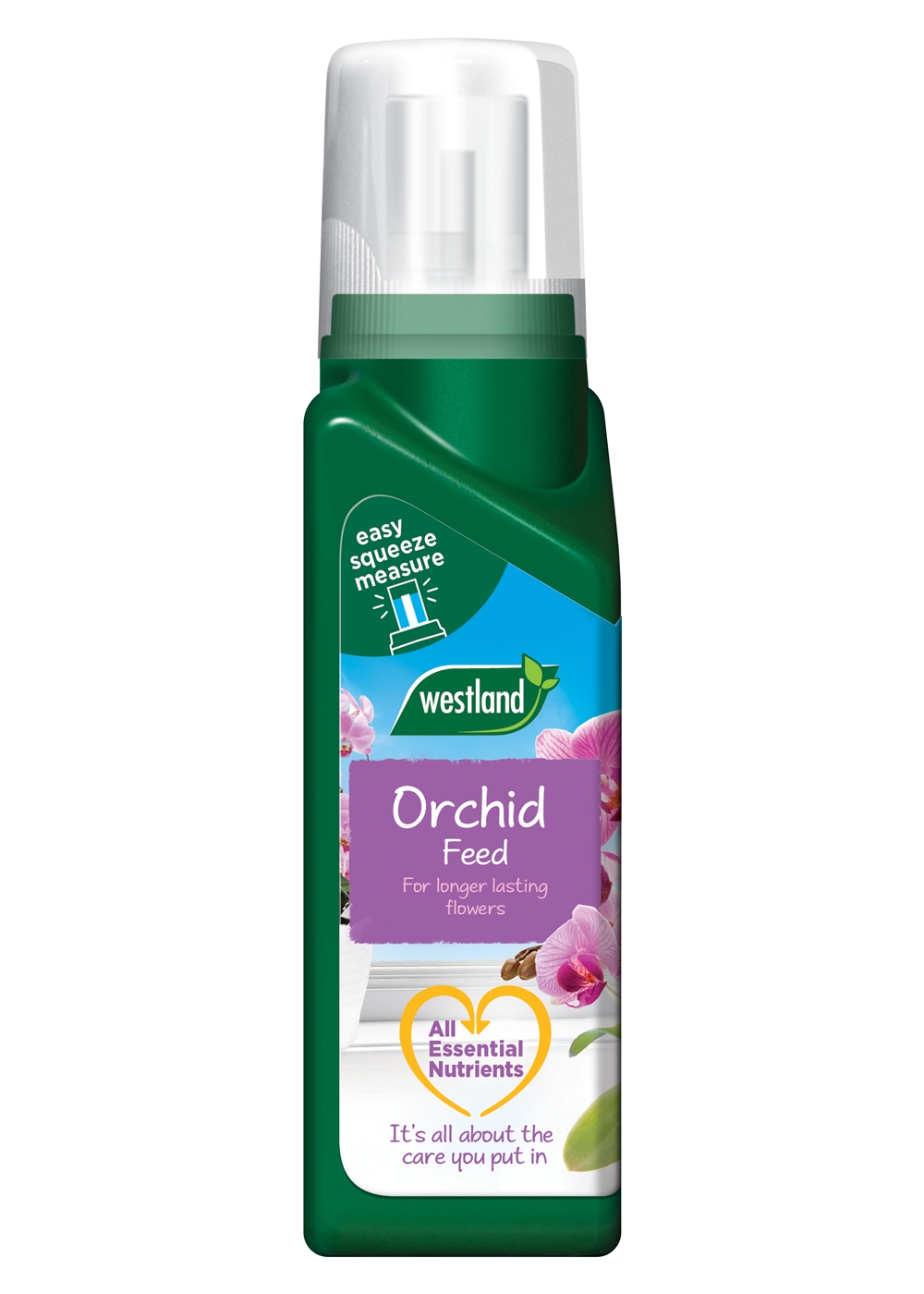 Green plastic bottle of Westland Orchid Feed Concentrate with a white pump top, featuring a vibrant label with purple orchids and text highlighting essential nutrients for longer-lasting flowers.