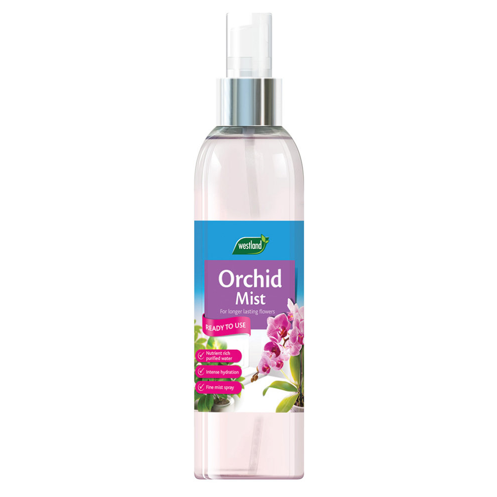 Clear plastic spray bottle filled with pink liquid, labeled "Orchid Mist" by Westland, featuring a purple and green design with images of orchids and usage instructions.