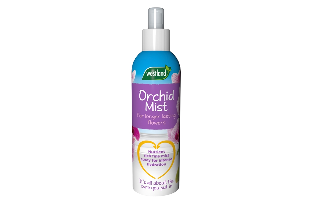 A 250ml spray bottle of Westland Orchid Mist, featuring a purple label with white text, a blue cap, and floral graphics, designed for hydrating orchids.