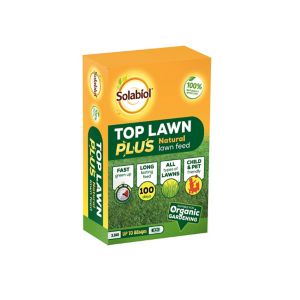 Bright green and orange packaging for Solabiol Top Lawn Plus Natural Lawn Feed, 3.5kg, designed for 88sqm, featuring organic gardening certification and child & pet safety icons.