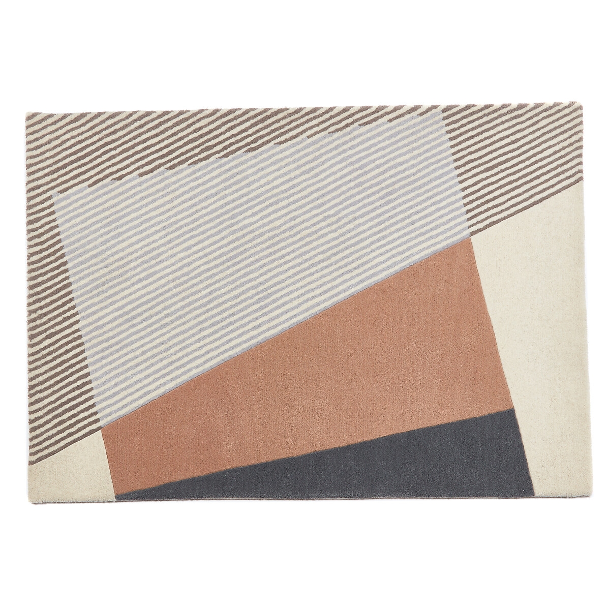Bauhaus-inspired rug featuring geometric patterns in brown, cream, and gray tones, made from soft material, measuring 160 x 230 cm.