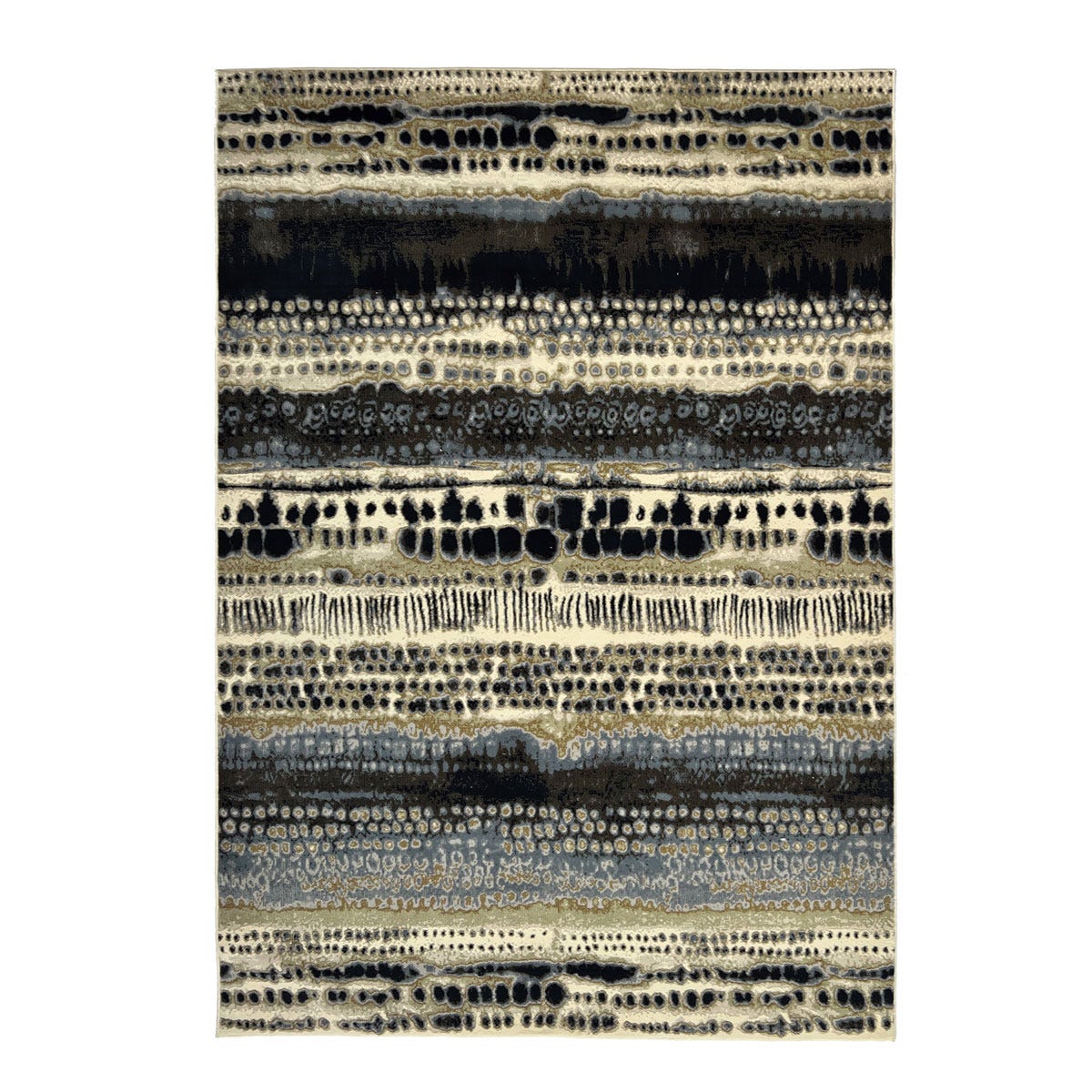 Batik rug measuring 80x150cm features a multi-colored design with stripes in black, beige, and gray, showcasing a textured, abstract pattern.