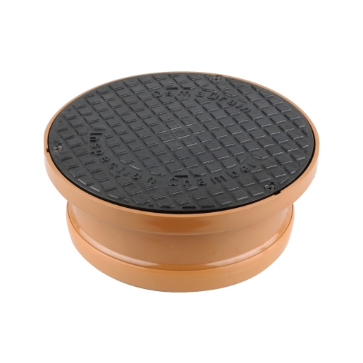 Black shallow inspection cover with a textured surface, framed in orange plastic, designed for drainage systems, measuring 250mm in diameter.