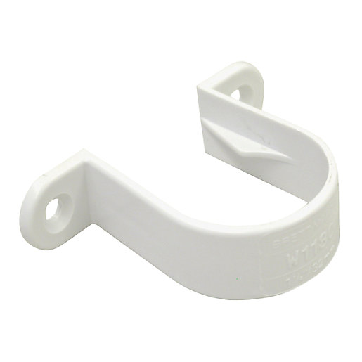 White plastic Osma waste pipe bracket designed for 32mm pipes, featuring a curved shape with two mounting holes for secure installation.