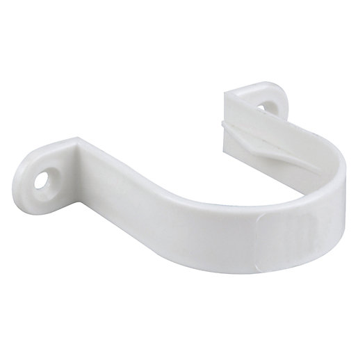 White plastic Osma waste pipe bracket designed for 40mm pipes, featuring a curved shape with two mounting holes for secure installation.