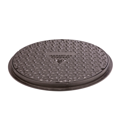 Round 450mm black drain cover and frame by Osma, featuring a textured surface with a diamond pattern for grip and durability.
